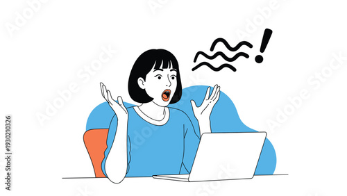 Young woman in a blue sweater looking surprised and shocked while working on her laptop with a stressed expression.