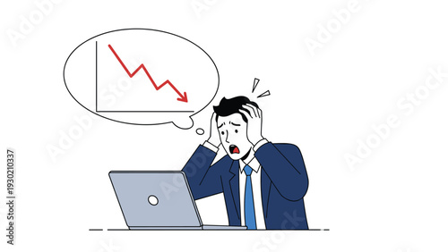 Stressed businessman in a suit holding his head in despair while looking at a declining financial graph in a thought bubble.