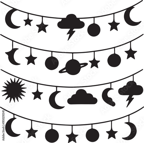 Elegant collection of celestial garlands featuring moons, clouds, stars, planets, sun, and lightning bolts for magical decor silhouette vector