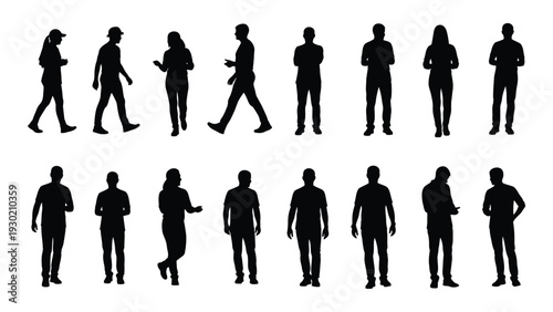 A group of people in various poses in black silhouette isolated on white background, Vector