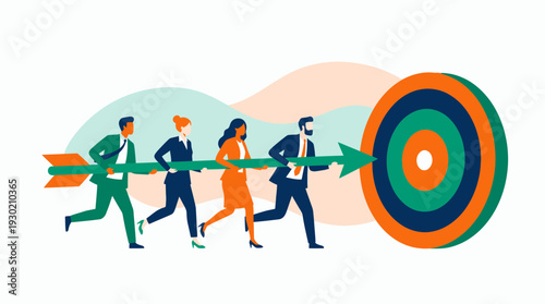 Four professional executives and project managers running together while holding a large arrow toward a circular target, concept for business achievement, team strategy and goal success
