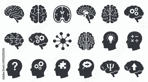 Collection of human brain icons and head silhouettes with gears, puzzles and light bulbs on white background, concept for mental health awareness, medical infographics and neural technology