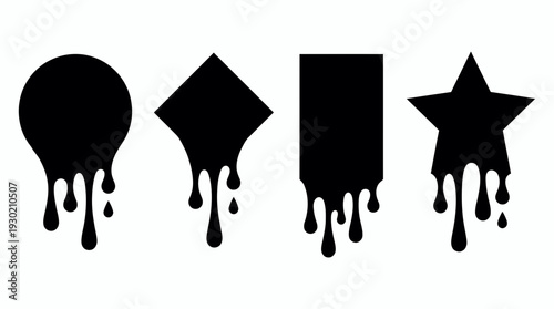 Black geometric silhouettes of circle diamond rectangle and star with liquid dripping effect on white background, concept for creative graphic design, street art and urban branding identity