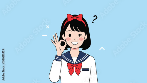 Female student in a school uniform making an okay sign and winking while having a question mark above her head.