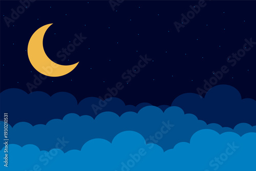 cartoon style moon and stars midnight background with papercut clouds