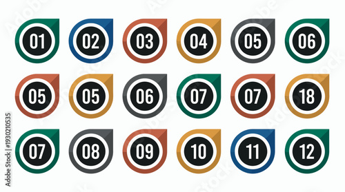 Set of colorful numbered circle pin markers icons with numerical sequence on white background, concept for infographic presentation, timeline step development and workflow organization