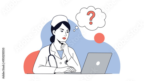 Female doctor or nurse in white coat looking at laptop while thinking about a difficult medical question or diagnosis.