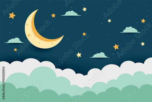 cartoon style half moon and stars dreamy background