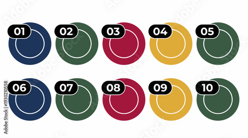 Row of ten colorful circular infographic elements with numbers from one to ten on a white background, concept for business workflow, project milestones and data visualization