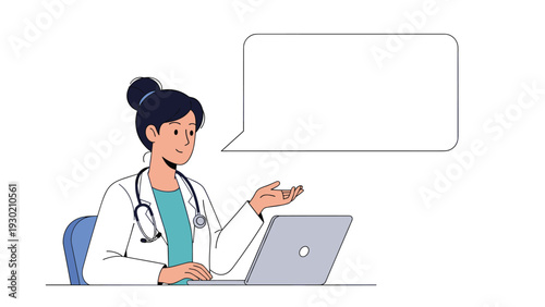 Professional female doctor sitting at a desk with a laptop explaining medical information via a blank speech bubble.