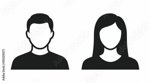 Minimalist black and white male and female user avatar icons for professional office staff profiles on white background, concept for corporate identity, employee portal and digital account