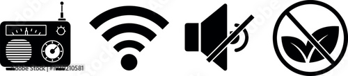 Radio WiFi Signal Muted Speaker and No Eco Leaf Solid Icons Set for Technology and Environment