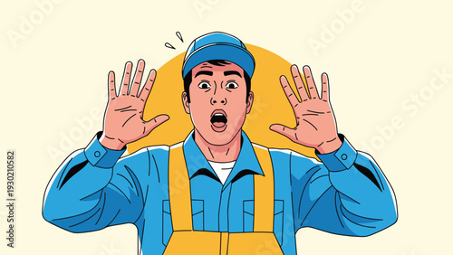 Surprised or shocked male worker wearing a blue uniform and cap raising his hands in a state of sudden alarm or disbelief.