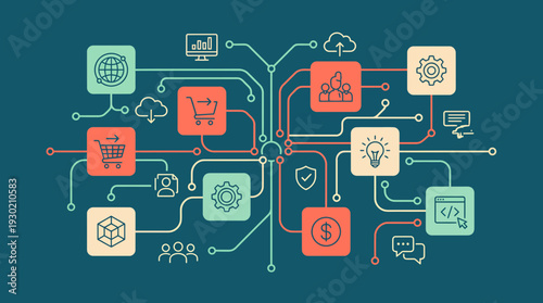 Flat line art illustration of a digital ecosystem with business and technology icons connected by circuit lines on a teal background, concept for ecommerce, digital strategy and software