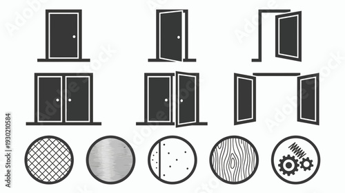 Collection of door icons showing closed, partially open and double entrance views with material texture circles below, concept for architectural planning, interior design and home renovation