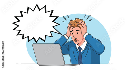 Stressed businessman sitting at a laptop and holding his head in frustration with a sharp blank speech bubble above.