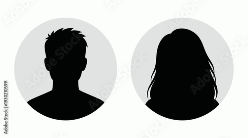 Male and female business professional profile avatars in grey circle silhouette frames on white background, concept for executive employee profiles, human resources and corporate management