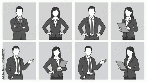 Flat vector illustration of professional business avatars including CEO, regional manager and office assistant in diverse poses, concept for corporate branding, website UI and recruitment