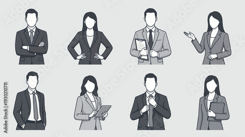 Set of professional minimalist line art illustrations featuring male and female corporate executives in suits with various poses, concept for corporate branding, employee training and career
