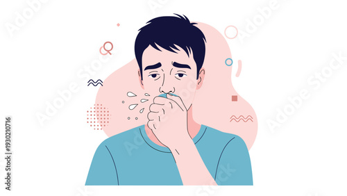 Sick young man coughing into his hand while appearing tired and unwell due to cold, flu, or seasonal allergies.