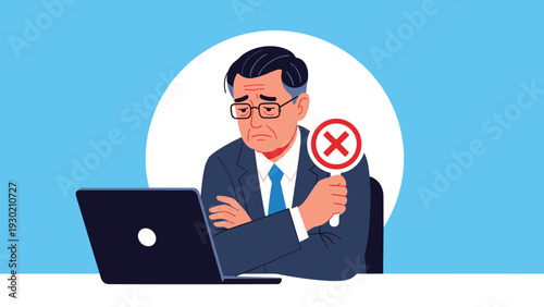 Elderly businessman looking disappointed while sitting at a laptop and holding a red cross mark sign for rejection.
