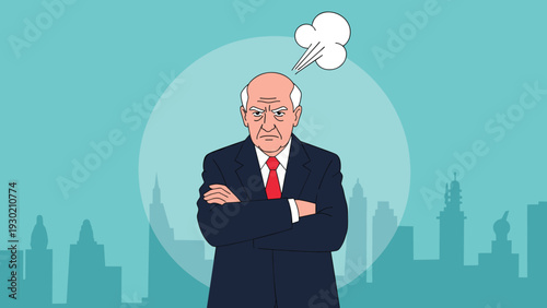Grumpy bald senior businessman in a suit standing with arms crossed and steam coming from his head in extreme anger.