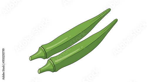 Two fresh green okra pods isolated on a white background representing healthy vegetable ingredients for cooking.