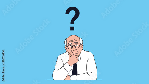 Puzzled senior man resting his chin on his hand while thinking deeply with a large black question mark above him.