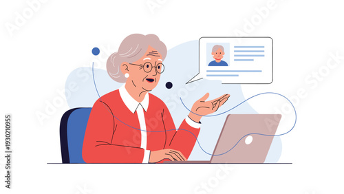 Senior woman using a laptop and looking at her online profile or video call interface shown in a speech bubble.