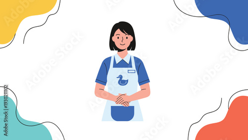 Kind female nursery teacher or childcare worker wearing a blue apron with a duckling logo and a friendly smile.