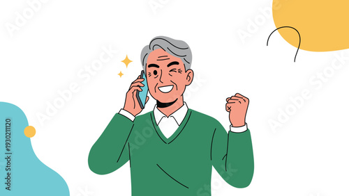 Energetic senior man talking on a mobile phone while winking and making a victory fist pump gesture of success.