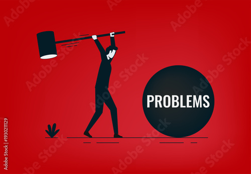 Breaking down the problems concept into smaller, manageable, and actionable sub-problems or components. A man hammering a large rock with problems word