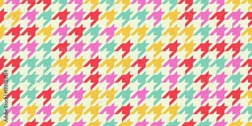 Abstract modern fashion horizontal seamless colorful multicolored geometric houndstooth pattern on light background, bright saturated colors, simple vector illustration in flat style
