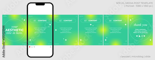 Microblog or carousel post template design for social media. Six page in portrait frame, seamless, aesthetic style with sea green and yellow gradient color theme