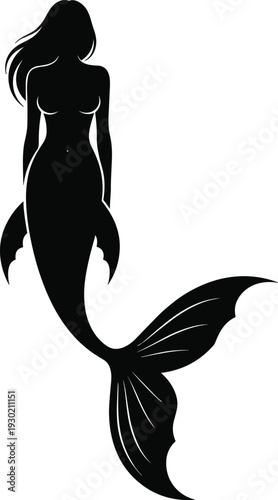 Standing mermaid silhouette vector illustration, elegant mythical sea woman with long hair and detailed tail, fantasy ocean design