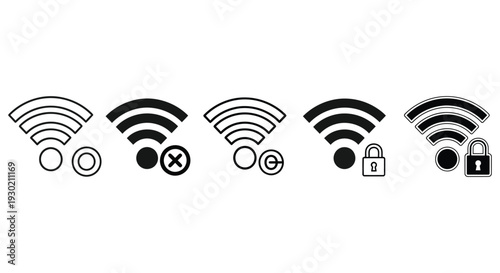 Modern vector graphic illustration showing different wireless network signal strength and security status icons.