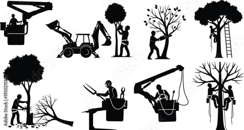 Arborist and Tree Trimming Worker Silhouettes with Chainsaw and Aerial Lift Isolated on White Background Landscaping Maintenance Industry Collection Set