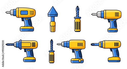 A set of colorful drill icons in yellow and blue, featuring various types of power drills and drill bits in a flat design style against a clean white background.