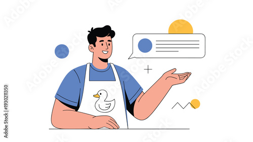 Friendly childcare worker in a blue apron with a duckling logo presenting information via a blank speech bubble.