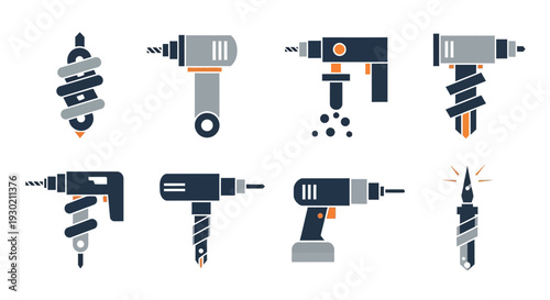 A collection of eight modern vector drill icons in various styles, including line art and flat designs, featuring cordless drills, hammer drills, and drill bits, on a clean white background.
