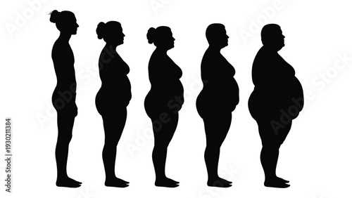 A series of silhouettes showing weight gain isolated on white background, Vector