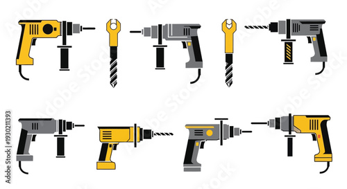 A collection of drill icons including electric drill, power drill, cordless drill, and hammer drill in a flat design with a black silhouette and monochrome style on a white background.