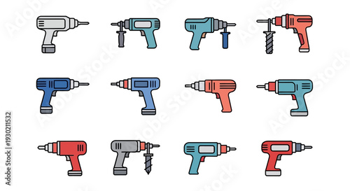 A collection of drill icons in various colors and styles, including electric drill, power drill, cordless drill, and hand drill tool silhouettes in a flat design with a minimal style on a