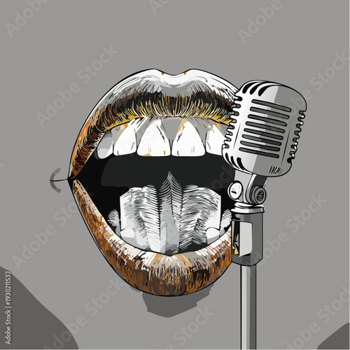 Abstract illustration of open mouth with microphone.