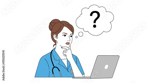 Female healthcare professional in a blue uniform thinking about a medical diagnosis while looking at her laptop screen.
