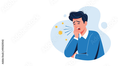 Man coughing into his hand with visible virus or pollen particles around him indicating illness or seasonal allergies.