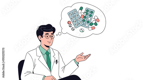 Male doctor in a lab coat sitting at a desk with a laptop and thinking about various medications in a bubble.