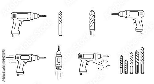 A set of drill vector icons including electric drill, power drill, cordless drill, and drill bits in a flat design with a black silhouette and monochrome style on a white background.
