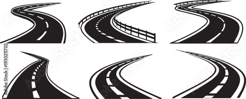 Curved Road Silhouette Vector – Highway, Street, and Path Icons for Design and Illustration