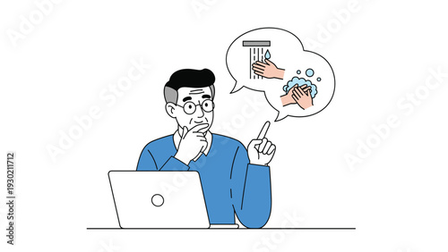 Senior man wearing glasses looking at laptop while thinking about steps for thorough hand washing and personal hygiene.